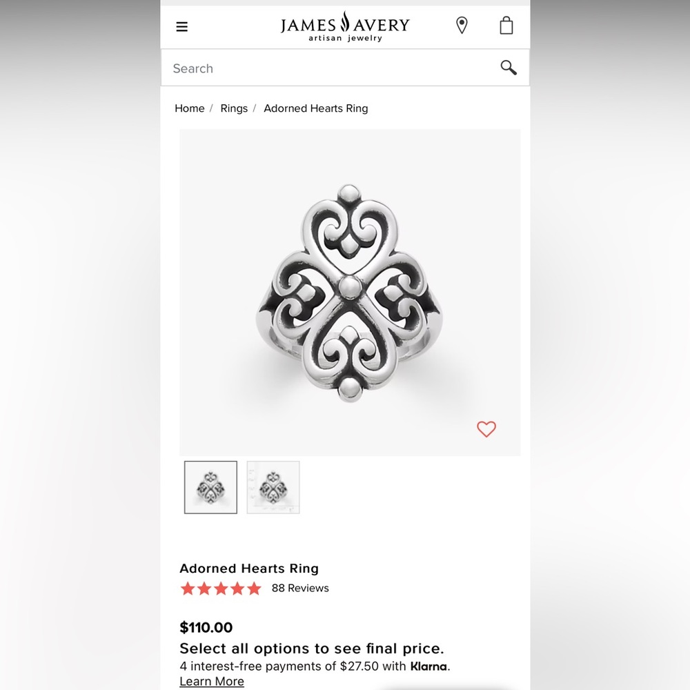 James Avery Adorned Heart ring- size 9